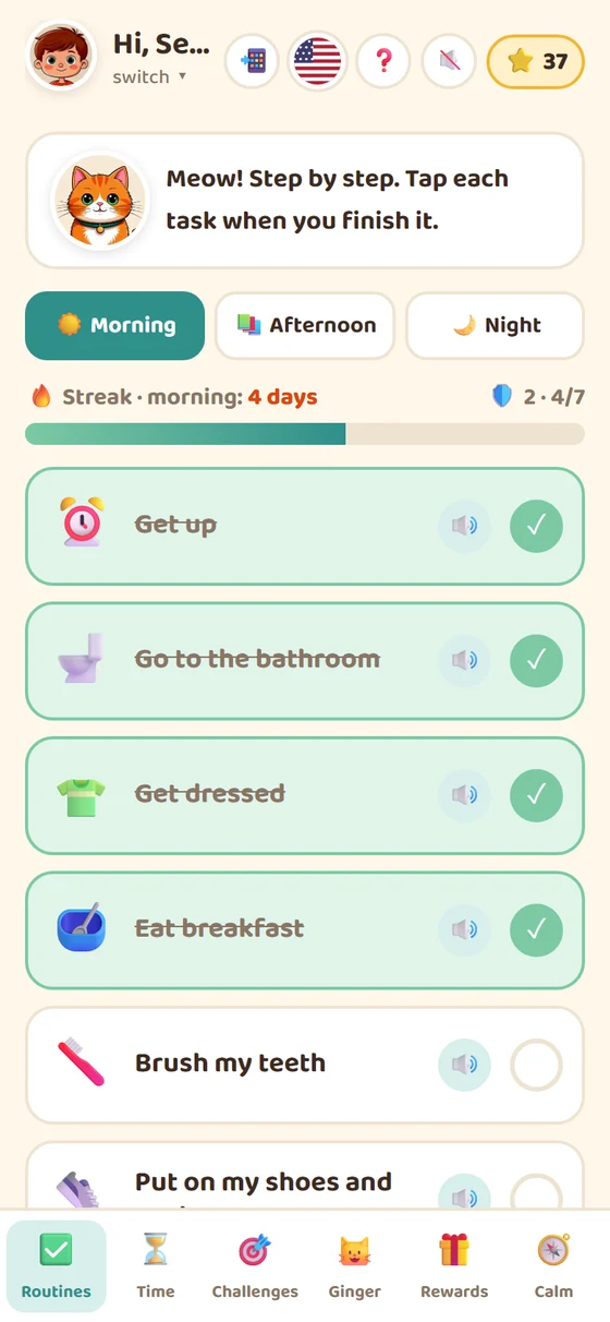Routines screen of the Calm Compass Kids app